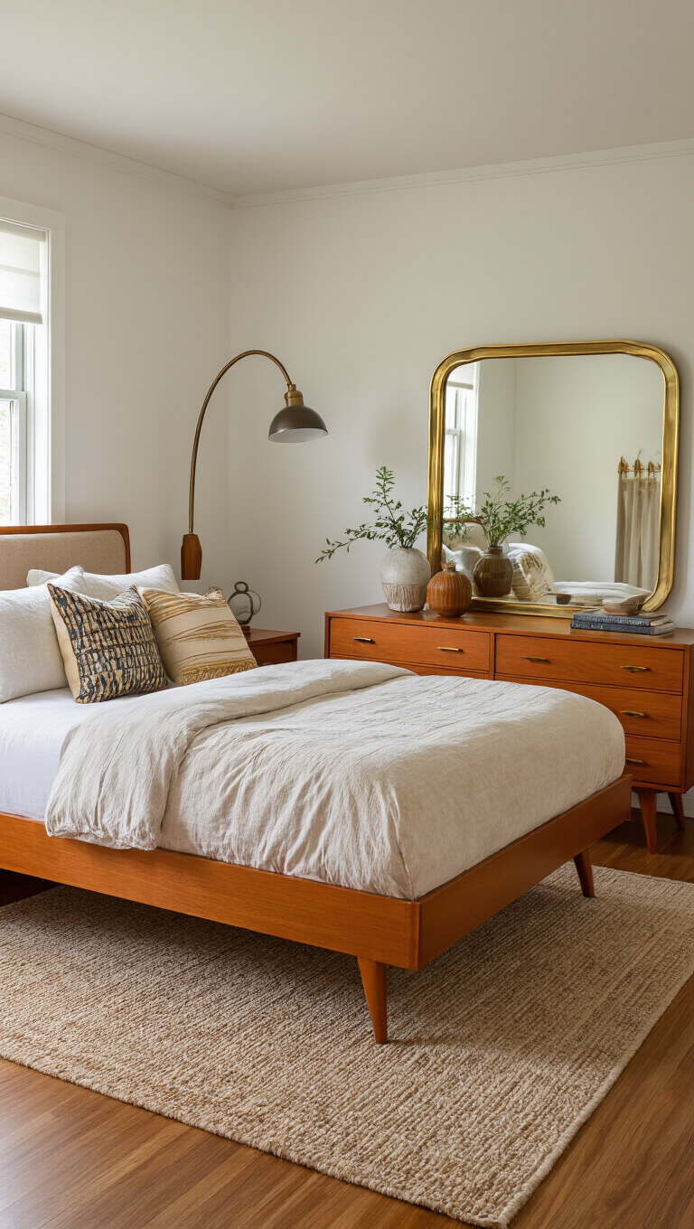 Mid-century teak bedroom with splayed-leg bed, integrated nightstands, lowboy dresser, and vintage decor in warm lighting.