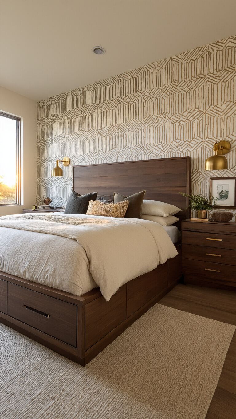 Master bedroom corner view at sunset with dark walnut platform bed, floating side tables, tallboy dresser, geometric wallpaper, and brass accents bathed in golden hour light.