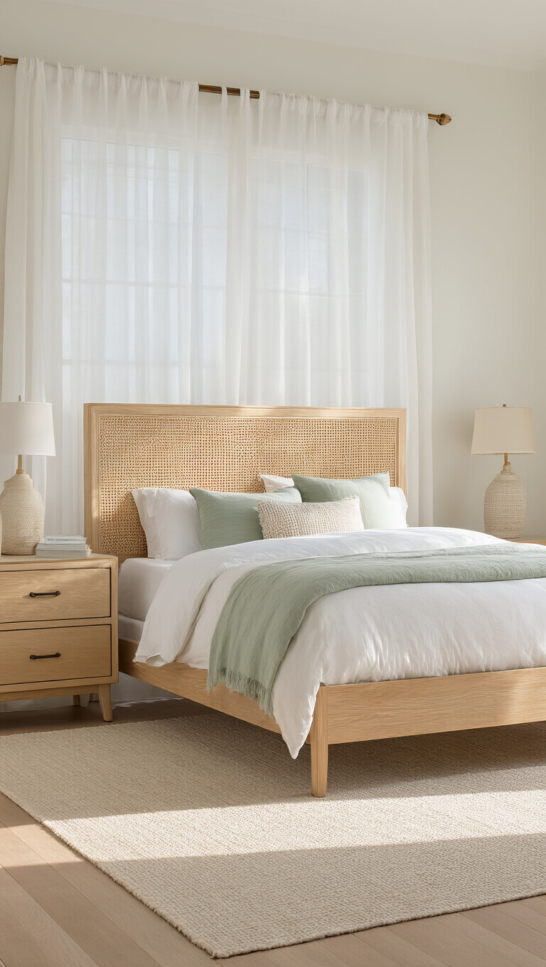 Airy 16x14ft bedroom with blonde oak bed, cane headboard, matching nightstands and credenza, styled in light wood, white, and soft sage tones with natural afternoon light filtering through sheer curtains.