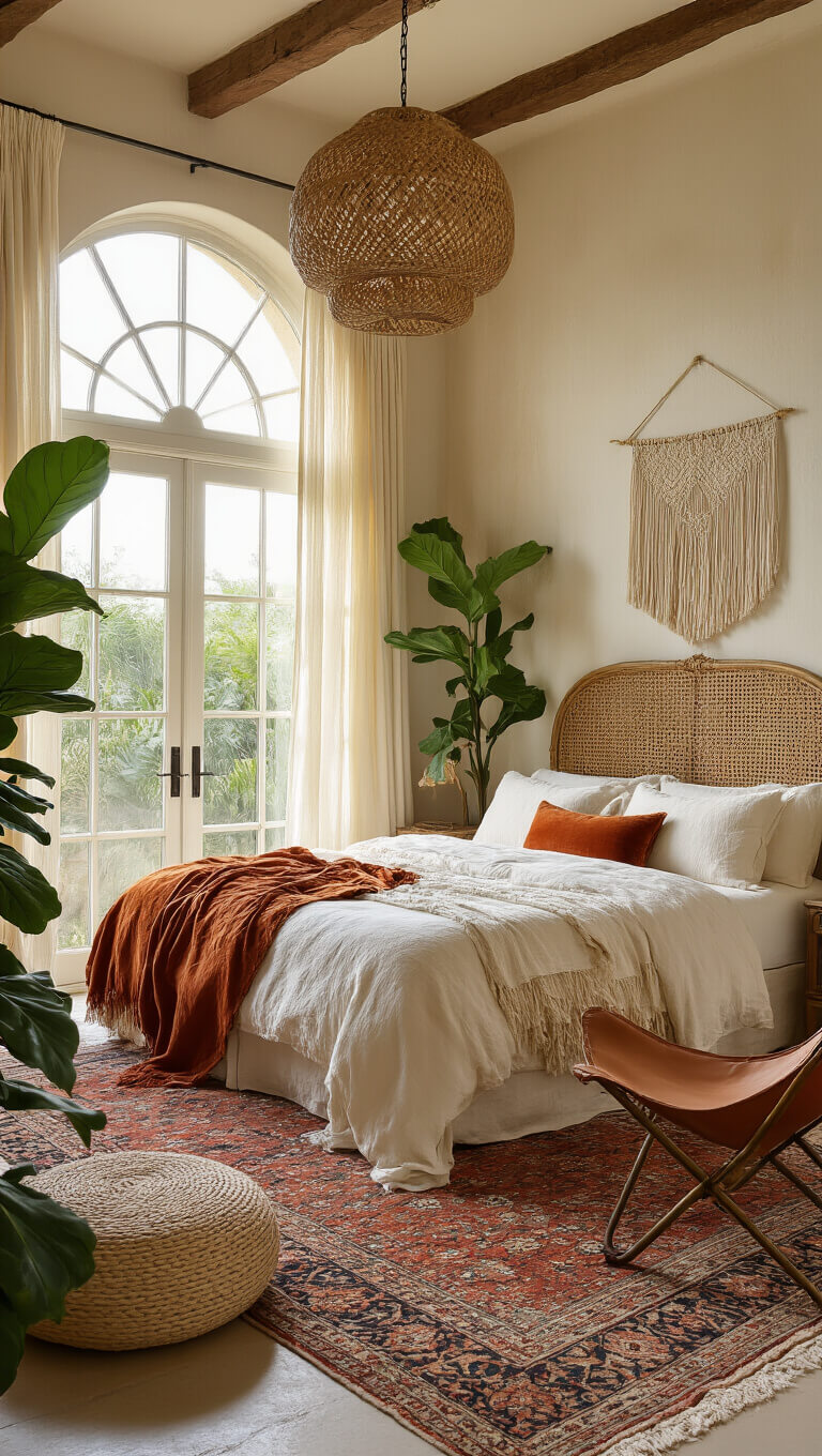 Boho bedroom with king bed, Indian textiles, arched windows, vintage rug, rattan light, and plants at golden hour