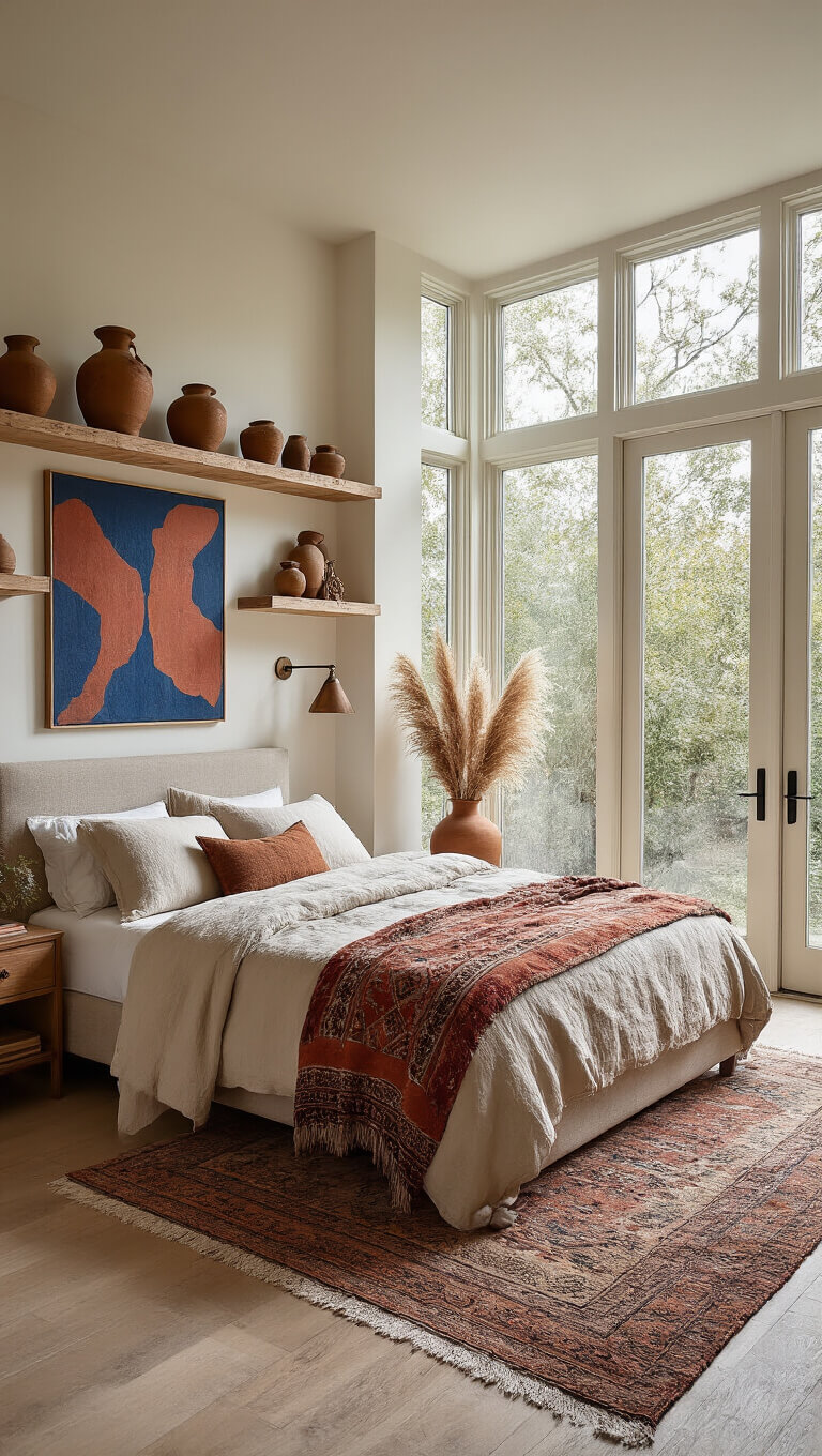 Boho master suite with floor-to-ceiling windows, artisanal ceramics on wood shelves, queen bed in rumpled ecru linen with Moroccan blanket, copper sconces, abstract artwork, and dried pampas grass in vase.