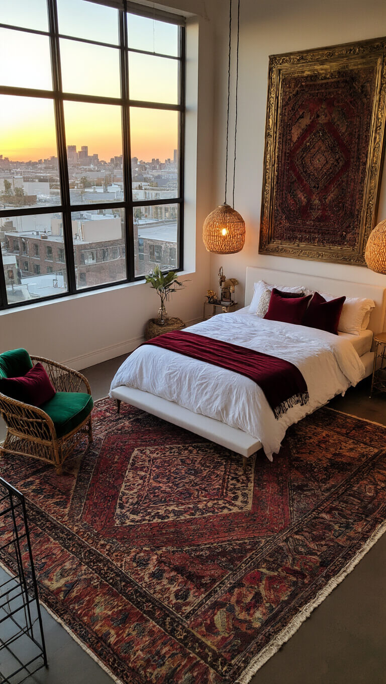 Bird's eye view of a 16x18ft bohemian bedroom with layered jewel-toned rugs, California king bed in white linen and burgundy pillows, emerald velvet chair, rattan pendant lights, and golden hour light reflecting in a bronze mirror.