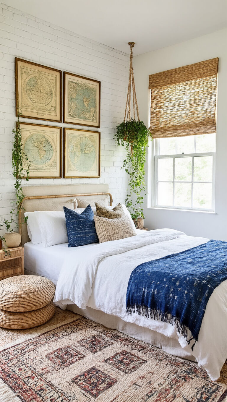 Boho guest room with whitewashed brick walls, vintage map and botanical gallery wall, full bed with layered neutral linens and indigo throws, bamboo blinds, hanging plants, and kilim ottomans.