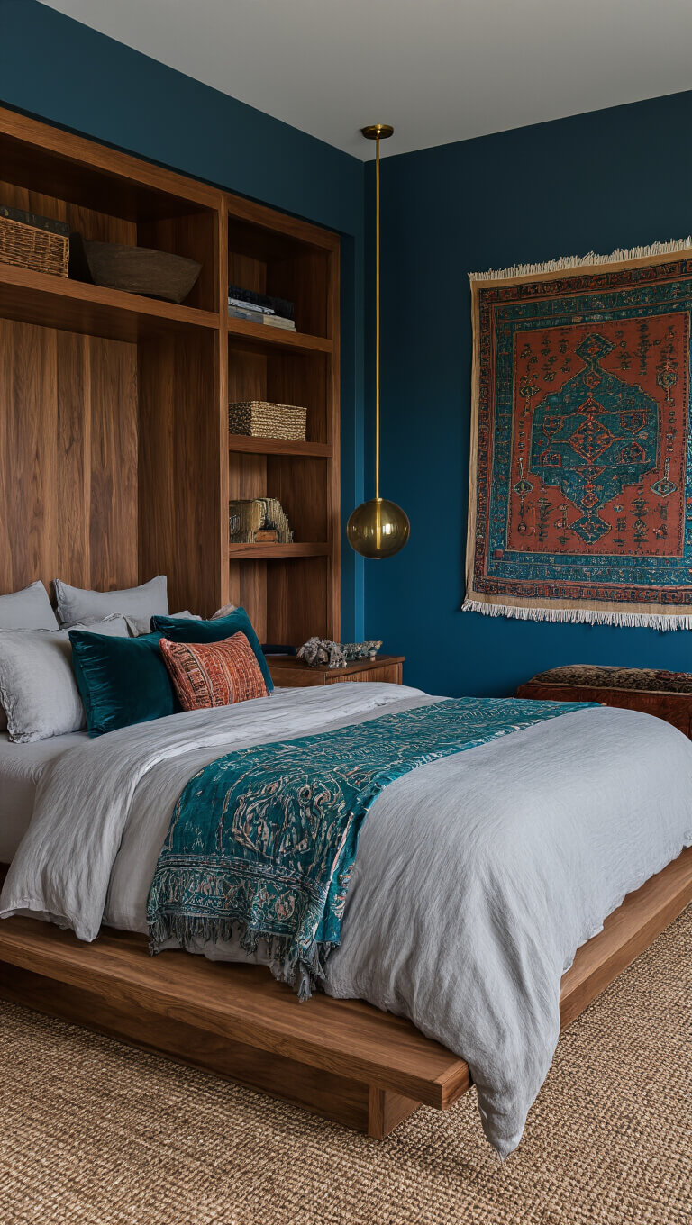 Modern boho primary bedroom with low-profile bed, layered textiles, built-in walnut shelves, abstract wall art, and moody blue hour lighting.
