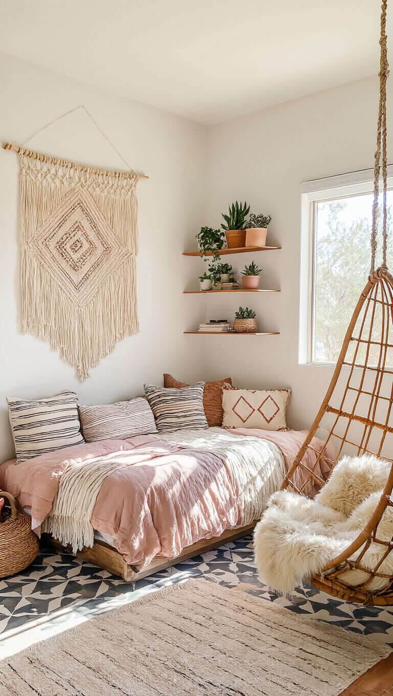 High-angle view of a sunlit boho teen retreat with Moroccan tile flooring, layered blush bedding, mudcloth pillows, macramé wall hanging, rattan chair with sheepskin, and succulents on copper shelves.