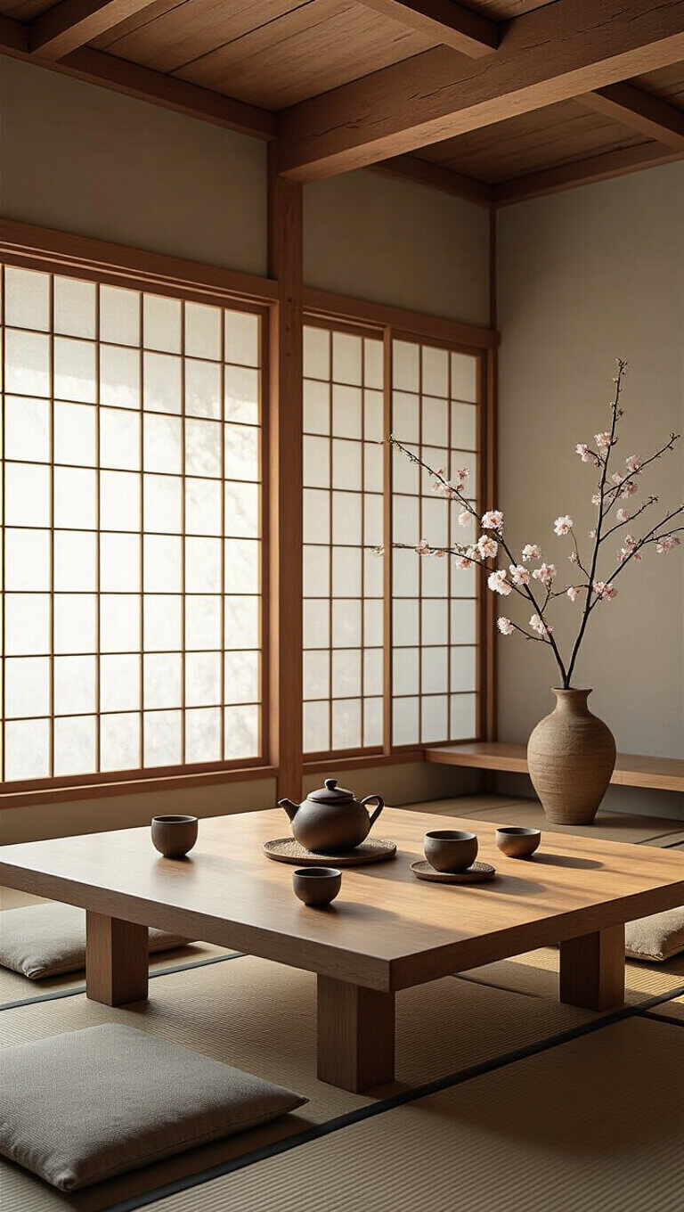 Minimalist tea room with low wooden table, wabi-sabi pottery, tatami mats, and cherry blossom branch in bamboo vase, softly lit through shoji screens at golden hour.