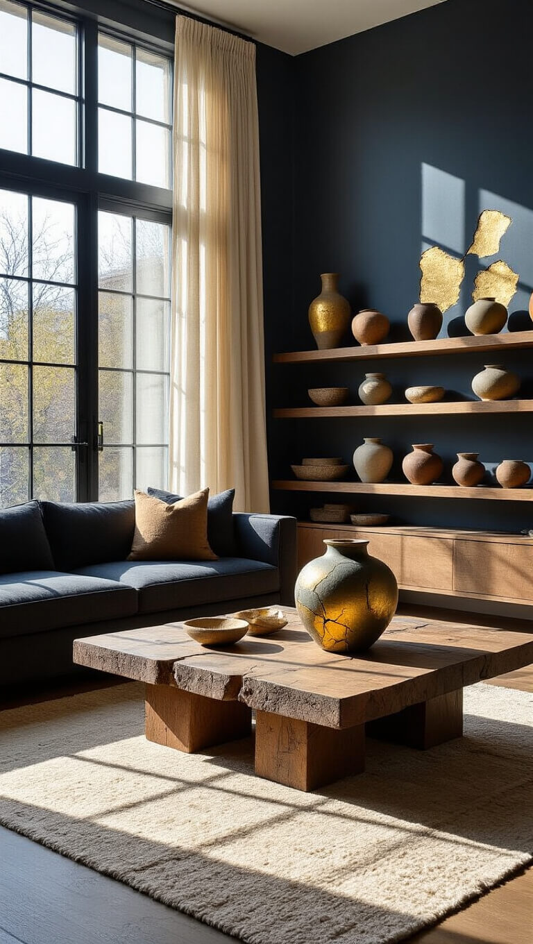 Contemporary living room with kintsugi pottery on floating shelves, gold cracks gleaming in afternoon light; charcoal sofa, rustic table, and organic textures in indigo, gold, and wood tones.