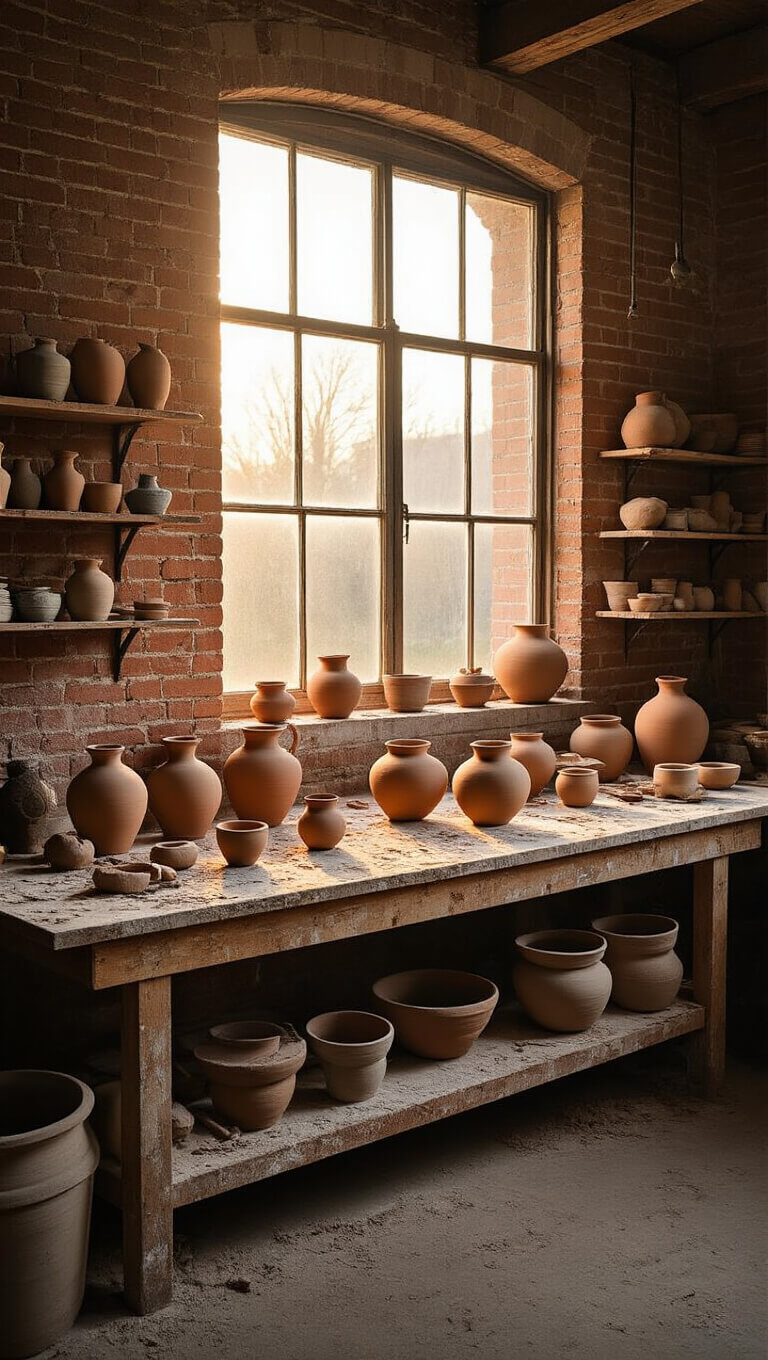 Pottery studio at dawn with morning light illuminating a clay-dusted workbench, handmade vessels, and exposed brick walls lined with shelves of finished ceramics in earthy tones.