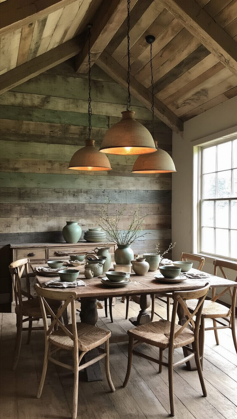 Rustic dining room with vaulted ceiling, reclaimed wood accent wall, vintage farmhouse table set with wabi sabi ceramics, under moody lighting from ceramic pendant light.