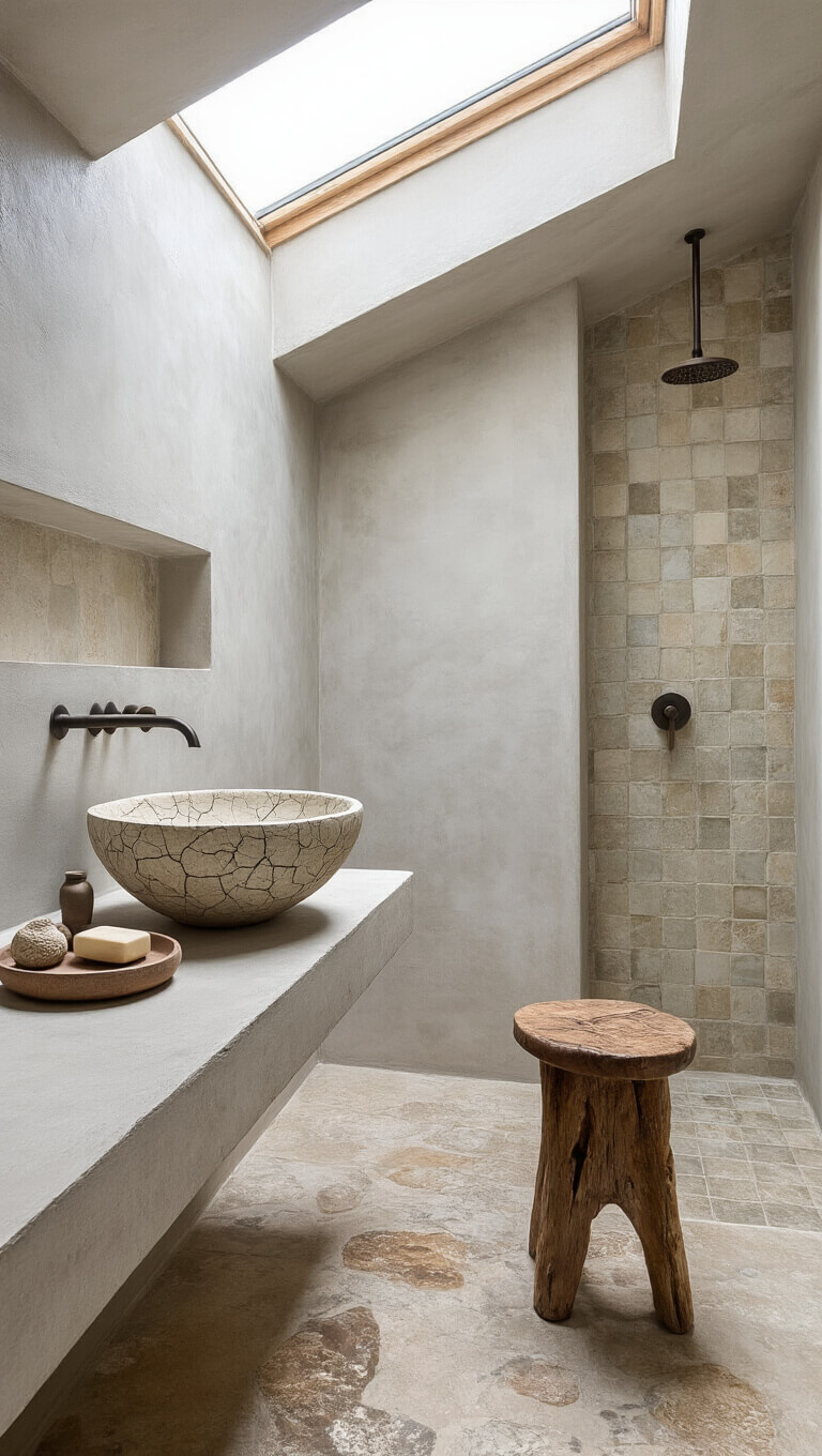 High-angle view of a modern wabi-sabi bathroom with skylight, featuring a hand-formed ceramic sink on a floating concrete vanity, textured warm gray plaster walls, handmade shower tiles, a worn wooden stool with organic vessels, and fossil-marked natural stone flooring in a soft dove gray and beige palette.