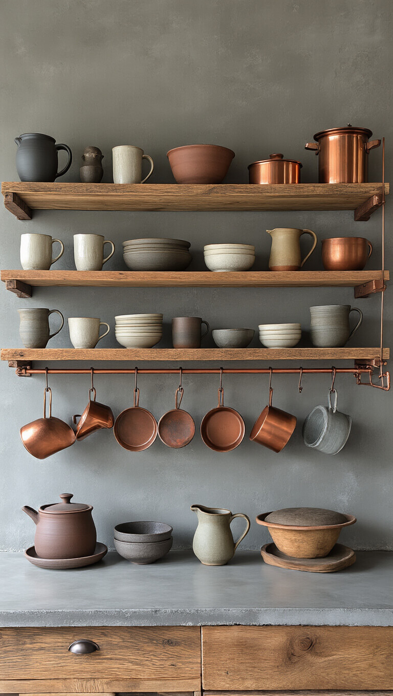 Wabi-sabi kitchen with exposed reclaimed wood shelves displaying worn ceramic mugs, bowls, and pitchers; copper cookware hangs above concrete countertops in natural light.