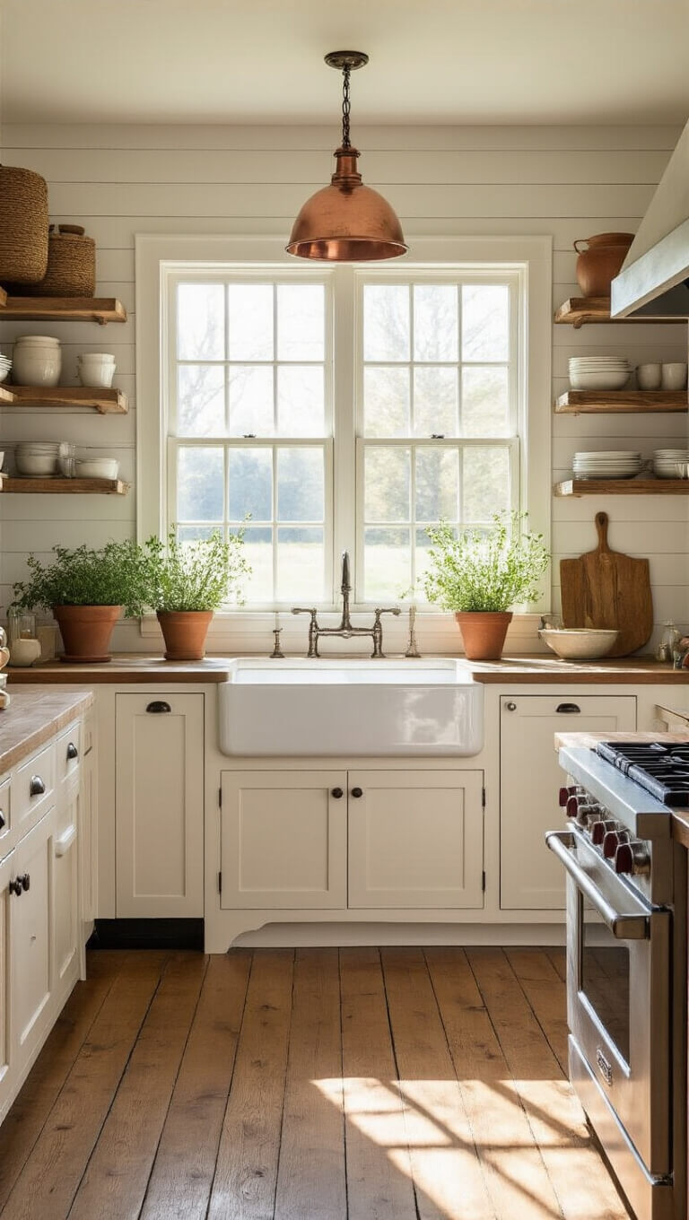 Sunlit farmhouse kitchen with white apron sink, butcher block island, and vintage copper pot rack, featuring oak floors, shiplap walls, and open shelving styled with herbs and cutting boards.
