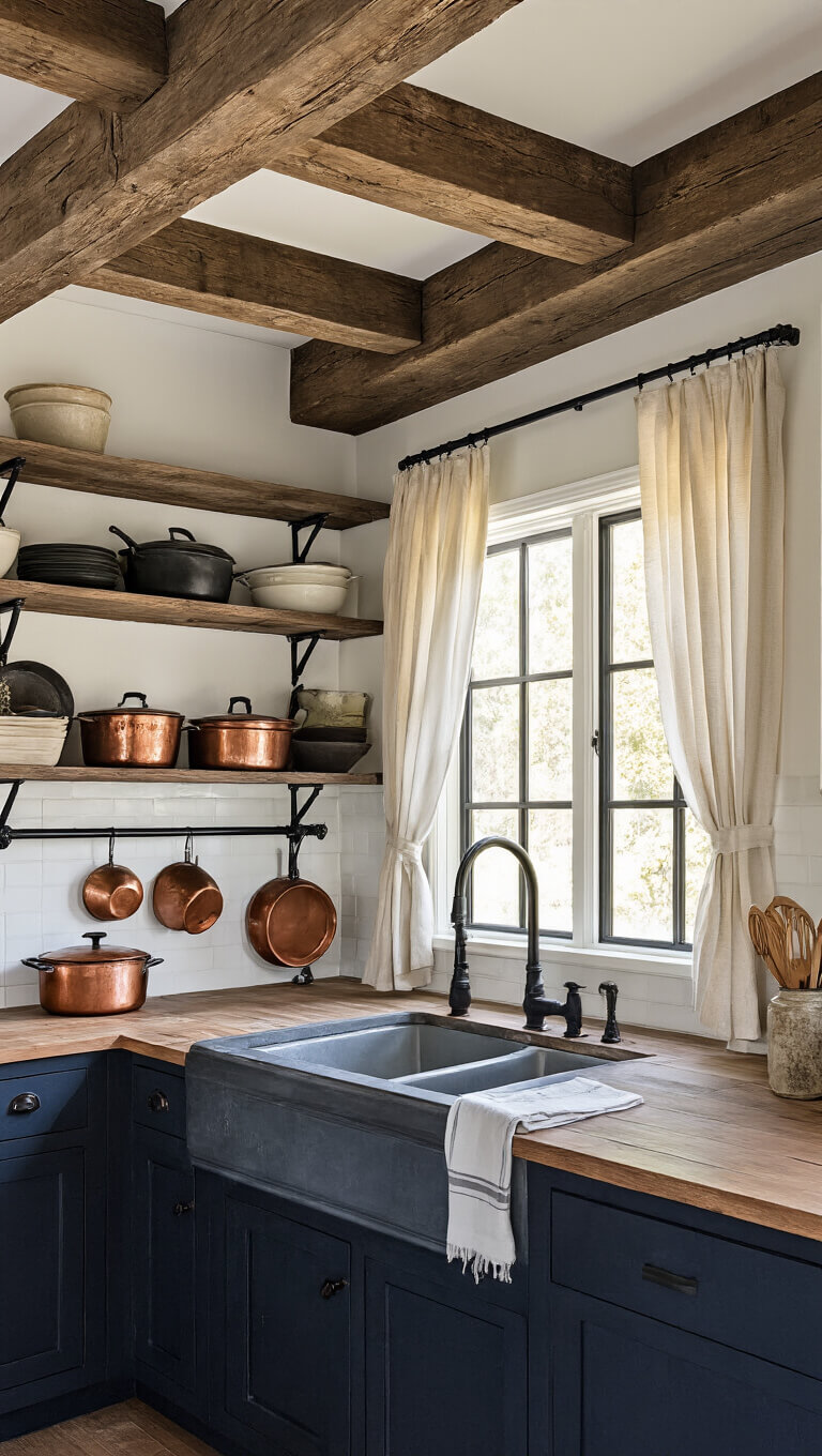 Low-angle view of rustic kitchen with exposed ceiling beams, golden hour light, navy lower cabinets with farmhouse sink, and vintage cookware on black pipe shelving.