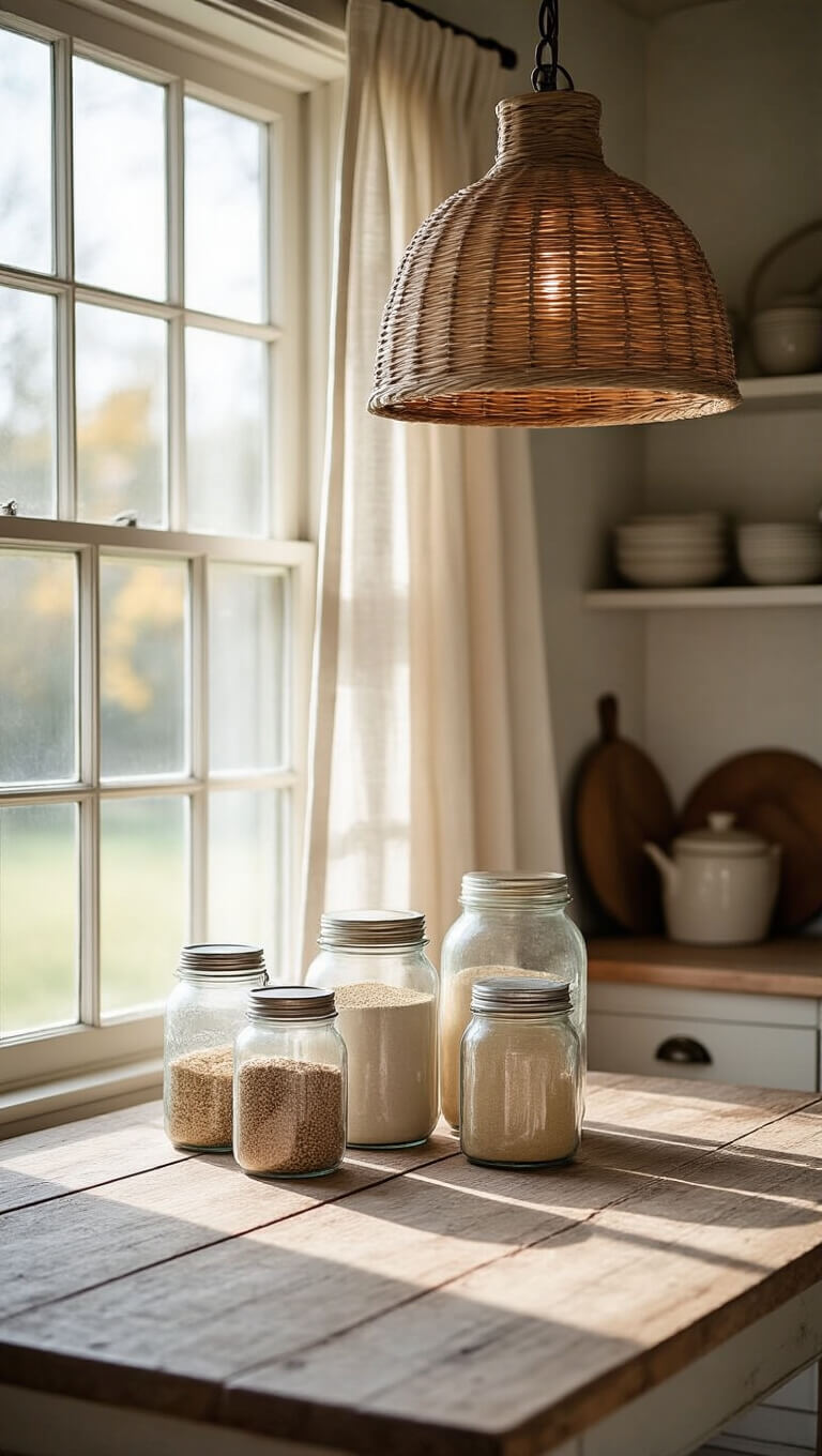 Cozy farmhouse kitchen corner with harvest table, vintage mason jars, and soft daylight through linen curtains.