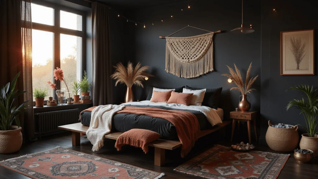 "Boho bedroom with matte black walls, platform bed, macrame wall decor, pampas grass, velvet cushions, Moroccan rugs, and golden hour lighting."