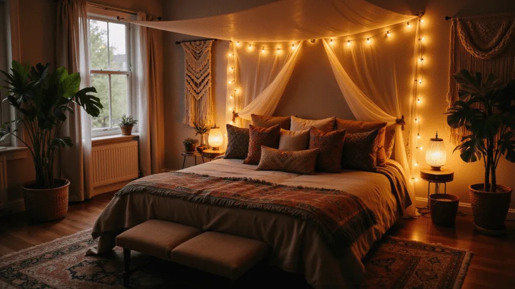 "Dreamy bohemian bedroom at dusk, adorned with fairy lights, vintage textiles, a Monstera plant, and brass and crystal accents on a dark wooden floor"