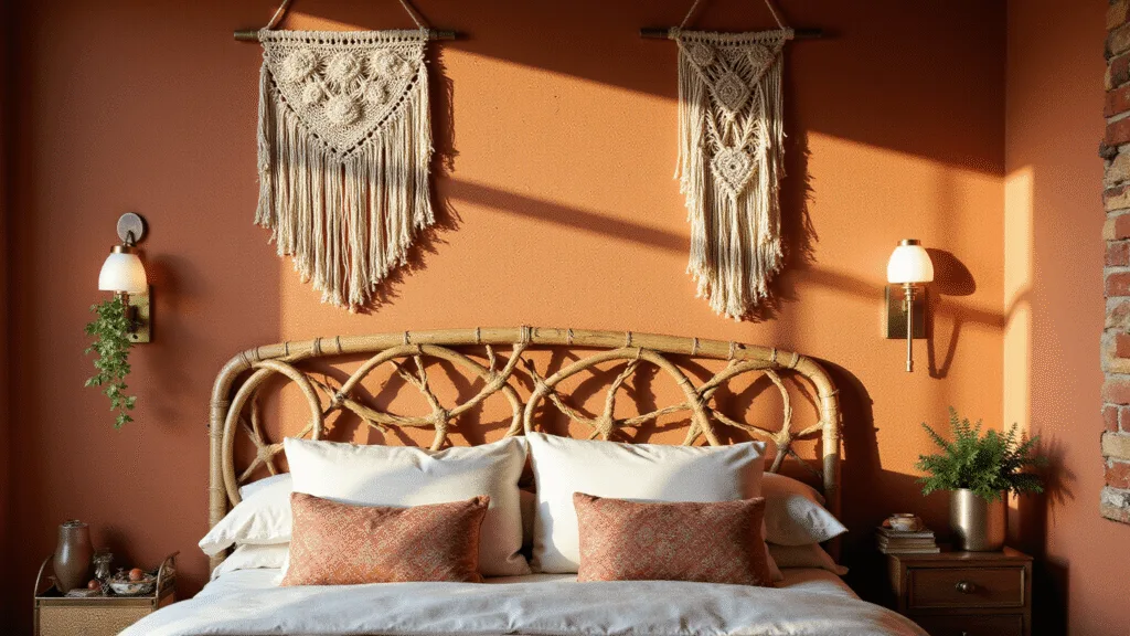 "Bohemian style bedroom with terracotta accent wall, rattan bed, macramé hangings, indoor plants, and golden hour sunlight"