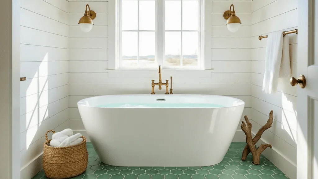 "Serene coastal bathroom with freestanding white tub, green sea-glass hexagonal tiles, brass fixtures, and minimal coastal decor in soft morning light."