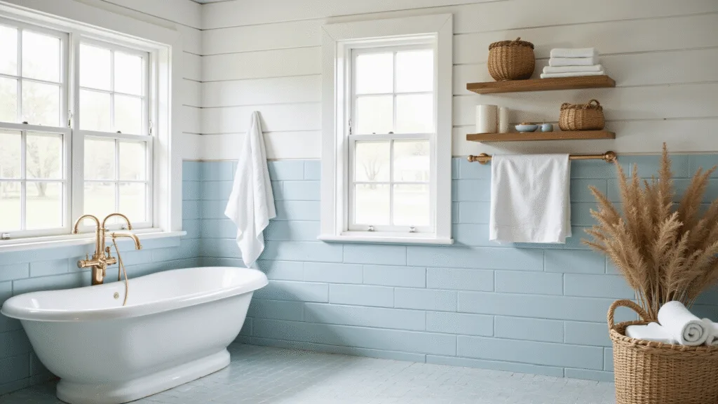 "Coastal bathroom with white shiplap walls, pale blue tiles, freestanding bathtub, teak accents, and sea glass decor illuminated by natural sunlight"