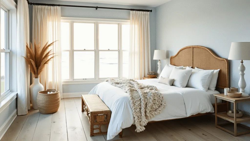 "Serene coastal bedroom with white linen bed, rattan accents, seagrass textures, and soft morning light"