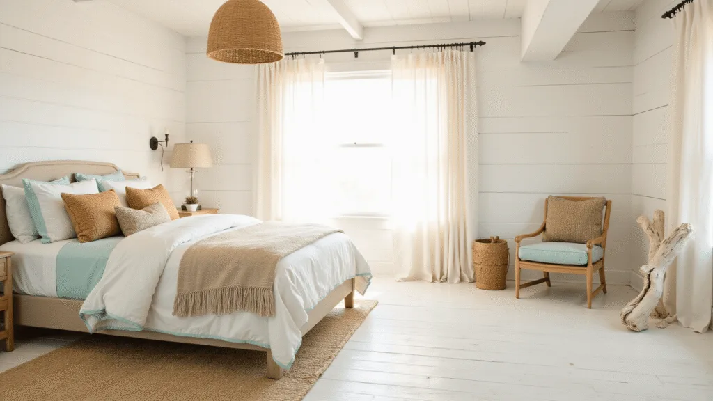 "Serene coastal bedroom with seafoam linens, rattan accents, white shiplap walls, and a natural jute rug on whitewashed floors, lit by golden hour light."