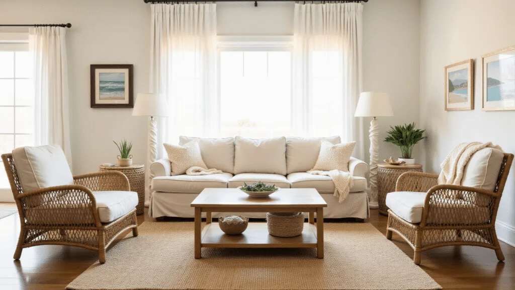 "Coastal living room with linen sofa, rattan chairs, teak coffee table and natural textures bathed in golden hour light"