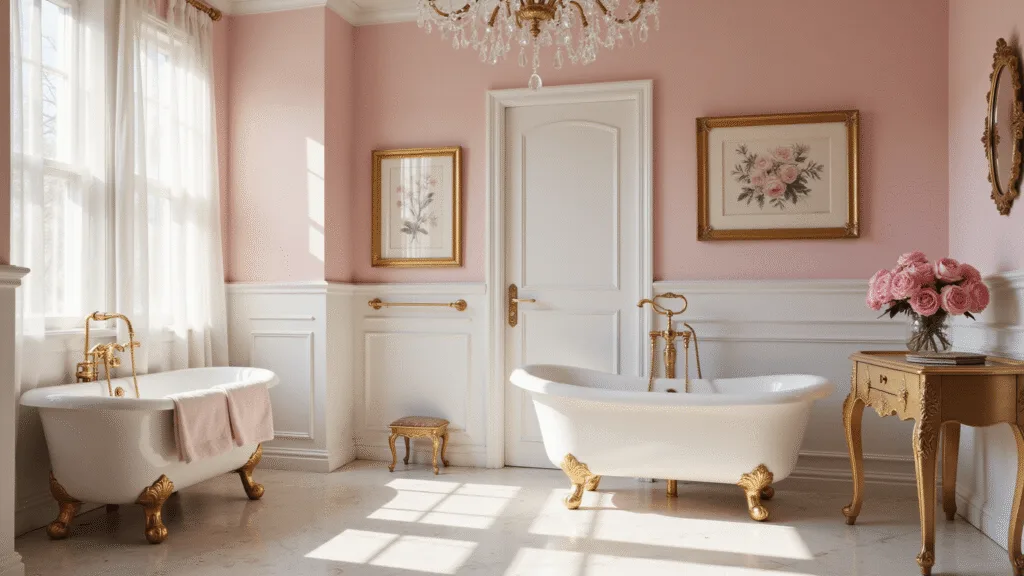 "Luxurious bathroom interior with pink walls, marble flooring, gold accents, crystal chandelier, and fresh peonies on the vanity"