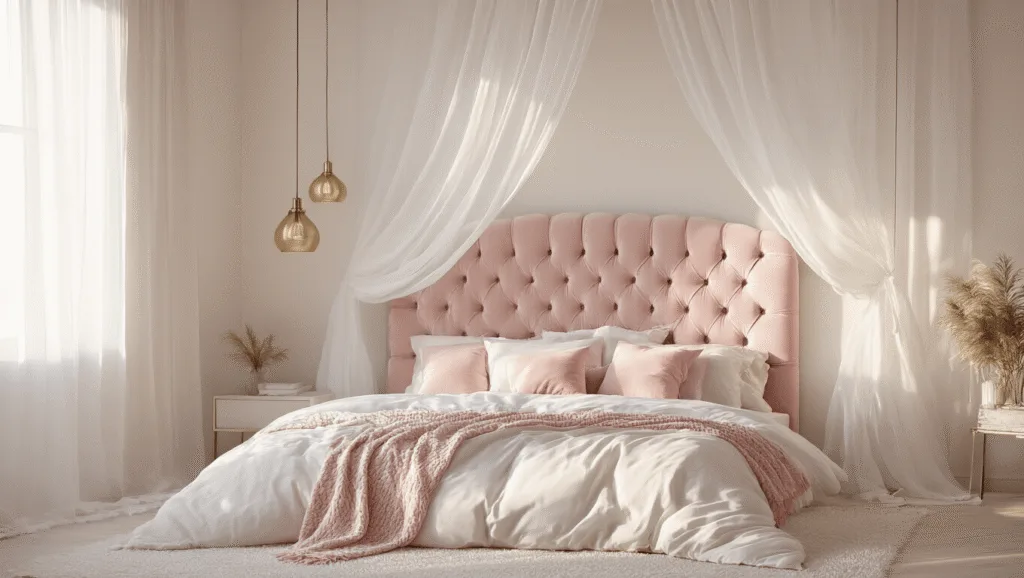 "Blush pink velvet tufted bed with billowing sheer curtains, brass accents, and airy natural light in a romantic bedroom"