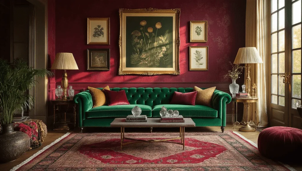 "Eclectic maximalist living room with emerald velvet sofa, jewel-toned Persian rugs, botanical prints and a gallery wall, bathed in warm sunlight from floor-to-ceiling windows."