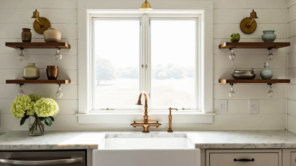 "Bright farmhouse kitchen with white apron sink, brass sconces, marble countertop and hydrangeas, under soft natural light"