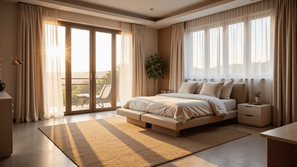 "Serene master bedroom with warm golden light streaming through sheer curtains, king-size bed, minimalist decor, and neutral tones creating a peaceful atmosphere."
