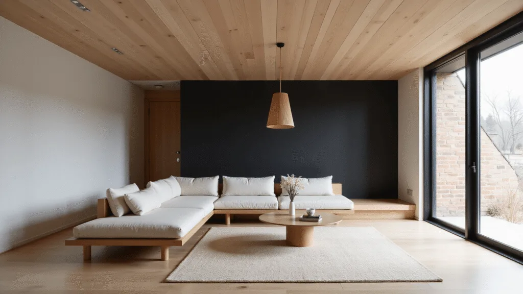 "Minimalist Japandi living room with oak sofa, bamboo lamp, and black accent wall in soft morning light"