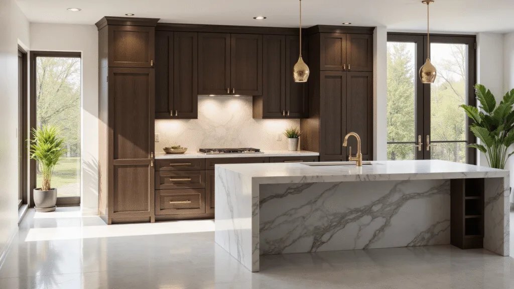 "Luxurious modern kitchen with espresso cabinets, Carrara marble countertops, gold hardware, waterfall island, brass pendant lights, and green plants, bathed in warm sunlight through large windows"