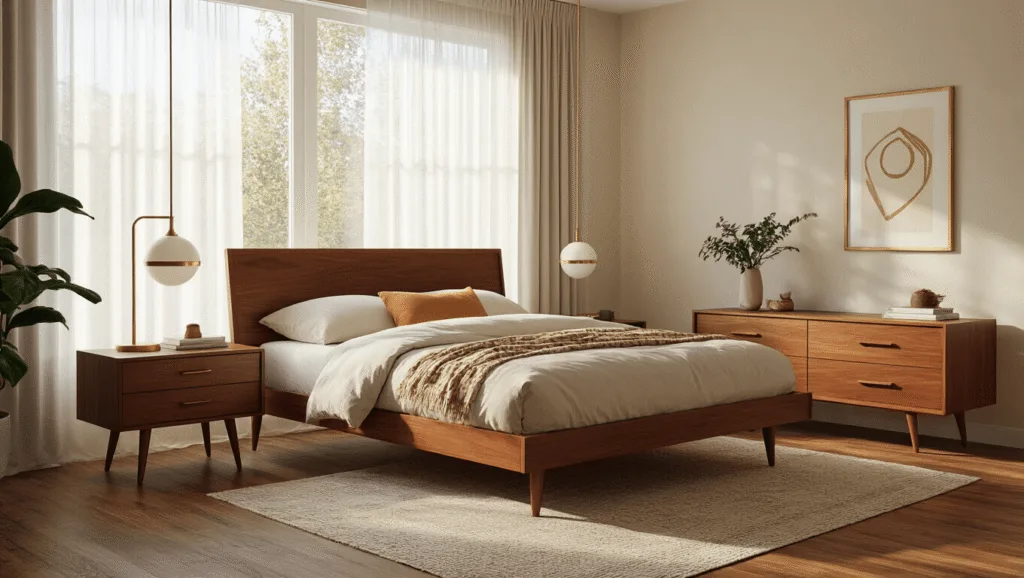 "Sunlit mid-century modern bedroom with walnut platform bed, teak nightstands, and geometric patterns during golden hour"