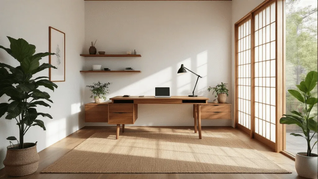 "Minimalist Japandi home office with walnut desk, floor-to-ceiling windows, tatami mat, shoji screens, and warm natural lighting"