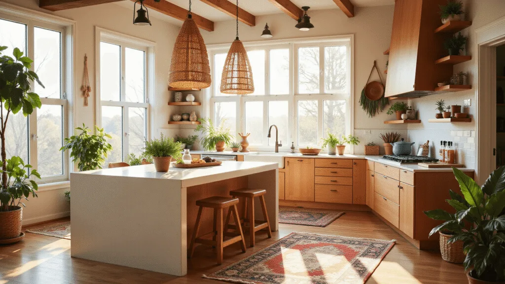 "Sunlit modern boho kitchen with rattan pendant lights, white quartz island, Persian rugs on wooden floors, and abundant plants during golden hour"