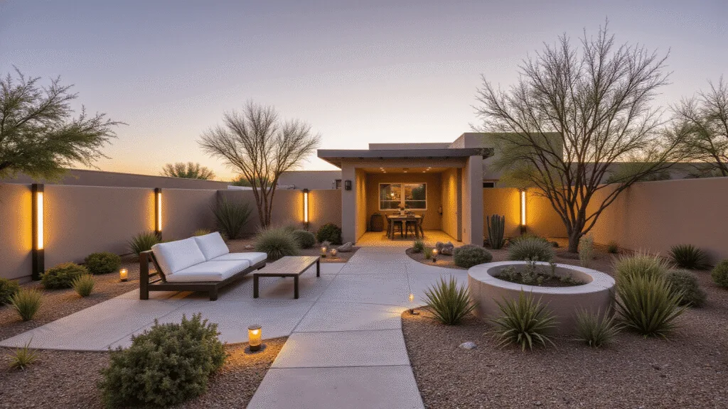 "Modern desert backyard with minimalist patio furniture on stone patio, drought-resistant plants, and warm landscape lighting during golden hour"