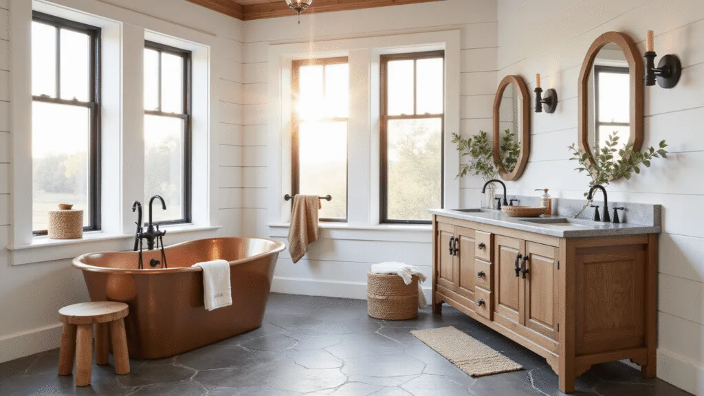 "Sunlit modern farmhouse bathroom with a freestanding copper tub, shiplap walls, slate floors, and a rustic wood vanity, decorated with eucalyptus branches and natural fiber accessories."