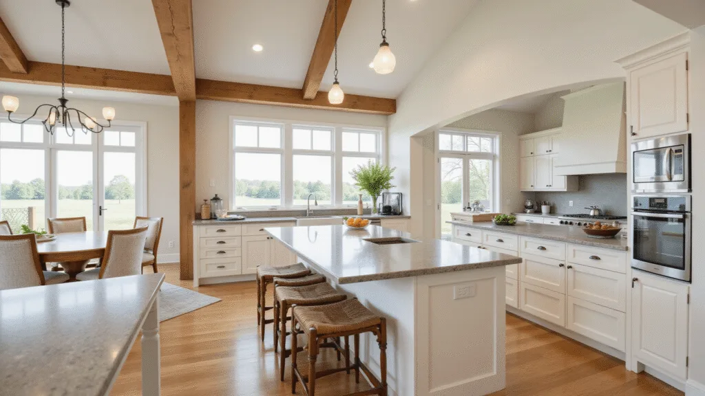 "Sunlit modern farmhouse kitchen with cream shaker cabinets, marble countertops, exposed beams, oak flooring, and warm natural light, giving a bright, airy, and sophisticated atmosphere."