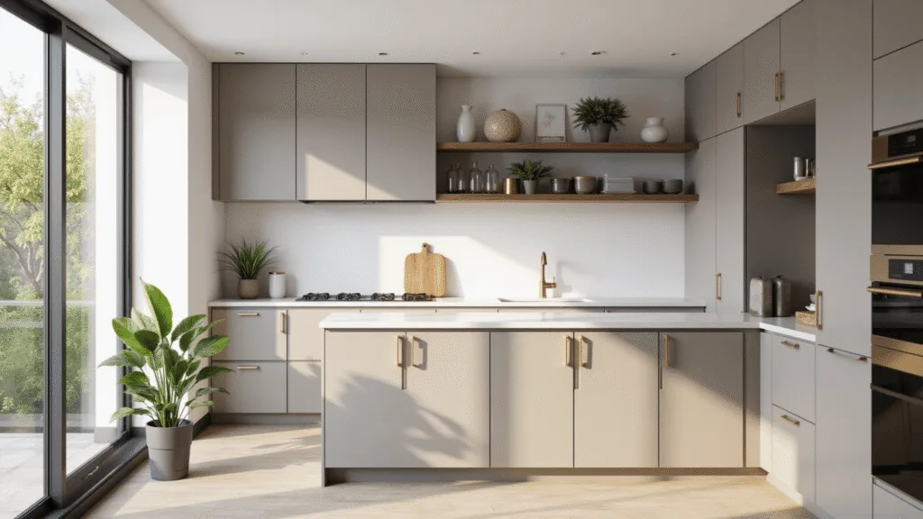 "Modern greige kitchen interior with brass accents, white quartz countertops, walnut open shelves and natural light streaming in through large windows"