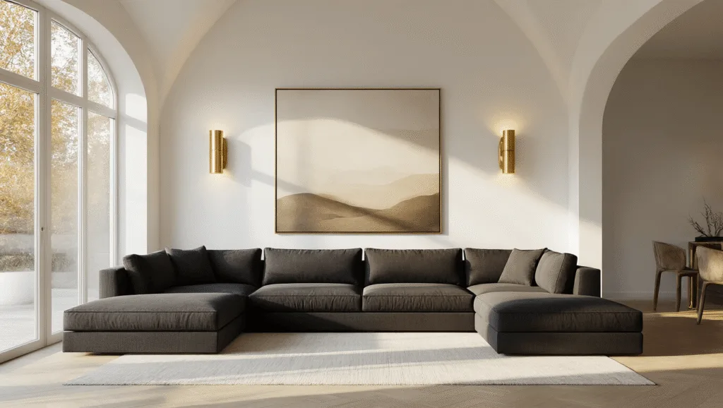 "Modern living room with charcoal sectional sofa, brass wall sconces, large abstract artwork, and vaulted ceilings bathed in golden hour warm light"