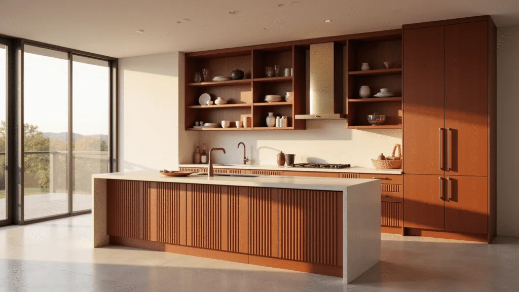 "Modern luxury kitchen with rust cabinets, walnut shelving, cream countertops and sunlit interior"