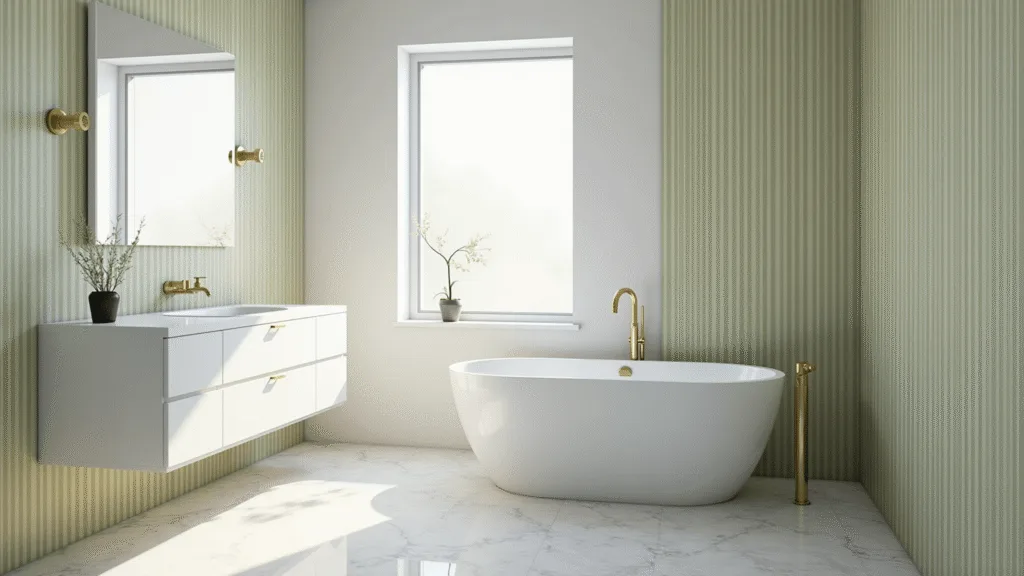 "Modern luxurious bathroom with floating vanity, sage green wallpaper, marble floor, brass fixtures, and soft natural light"