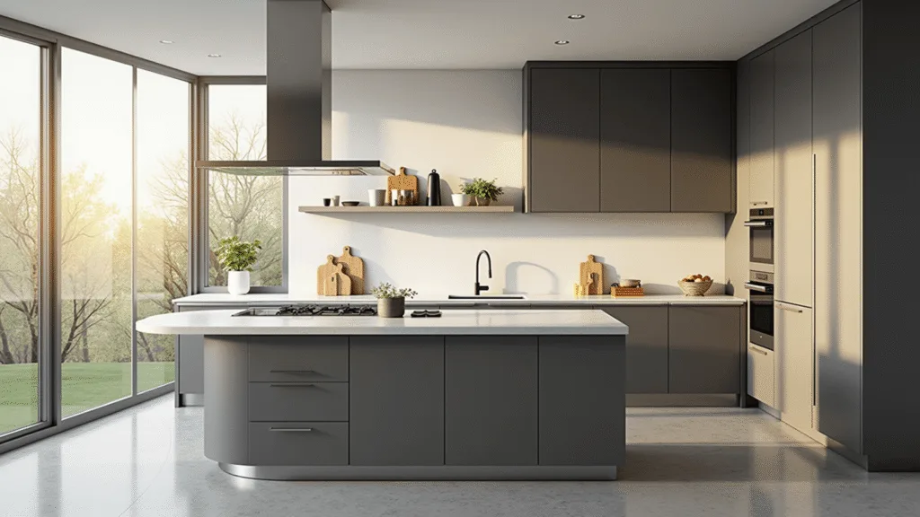 "Modern minimalist kitchen with matte charcoal aluminum cabinets, white quartz countertops and stainless steel appliances in warm morning sunlight"