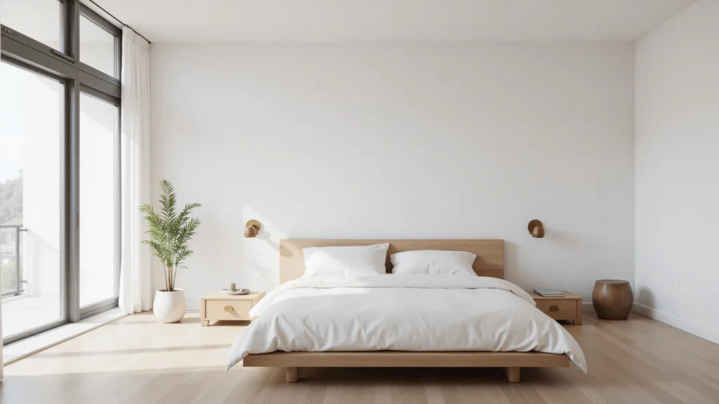 "Minimalist modern bedroom with white walls, ash wood platform bed, white oak flooring, brass sconces, and morning sunlight streaming through floor-to-ceiling windows"