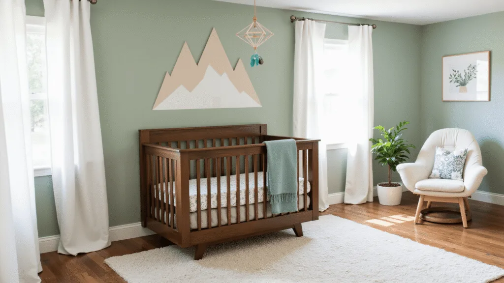 "Cozy baby boy's nursery with sage green mountain mural, walnut crib, white linen curtains, geometric mobile, cream rug, and minimalist rocking chair"
