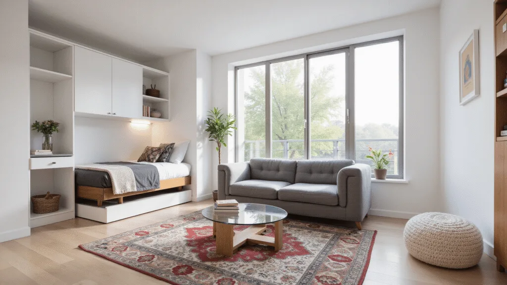 "Modern studio apartment with multifunctional furniture, natural light, and minimalist decor"