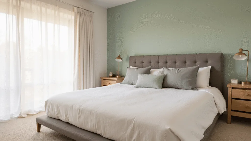 "Sunlit modern guestroom with sage wall, white linens, oak furniture, and brass reading lamps"