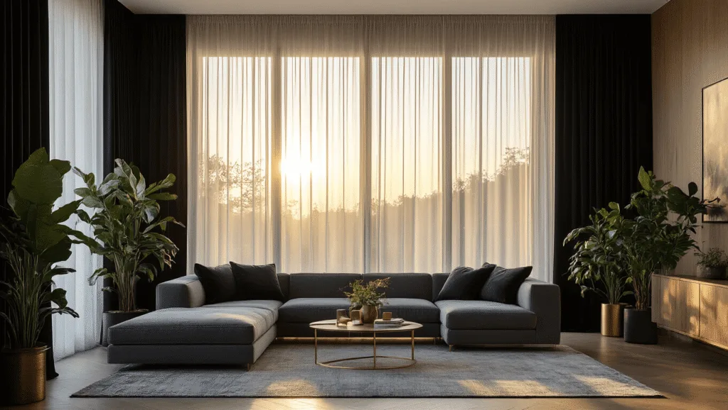 "Spacious modern living room with black velvet curtains, brass accents and potted plants during golden hour"