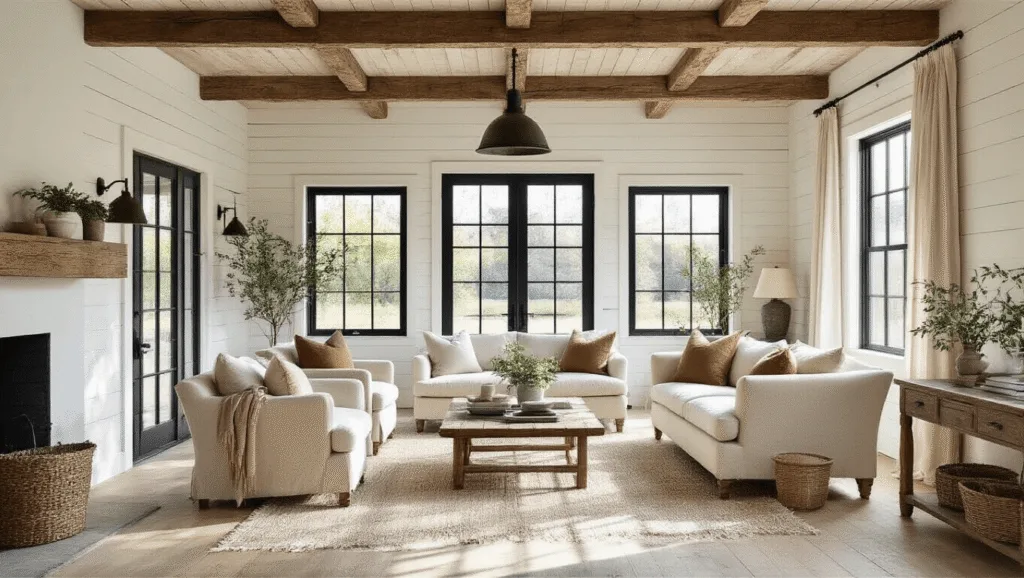 "Interior of a rustic barnhouse with exposed beams, shiplap walls, vintage accents, and warm natural light."